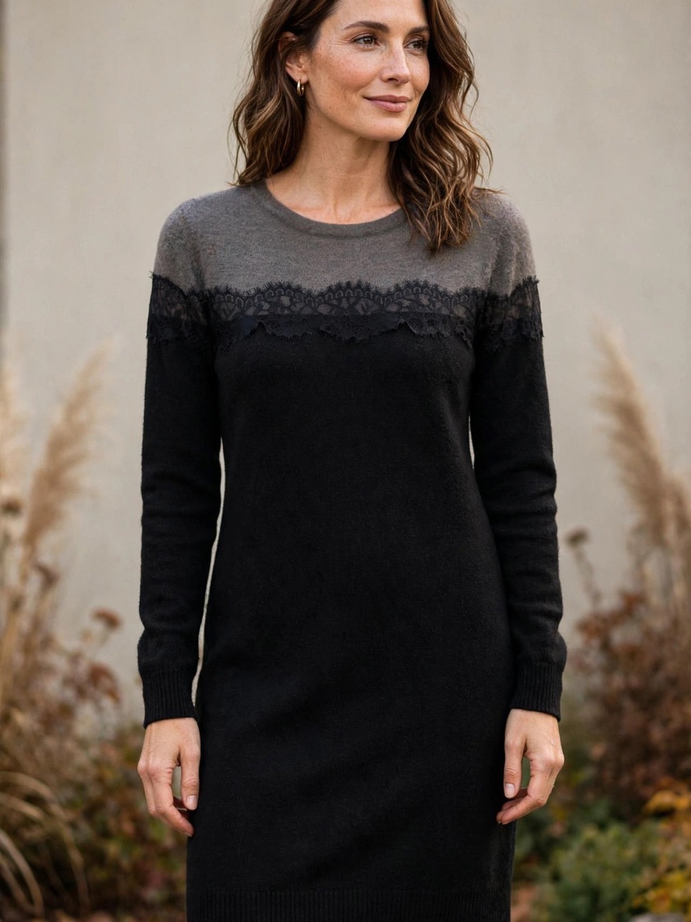 AB Studio Black and Gray Lace Trim Sweater Dress